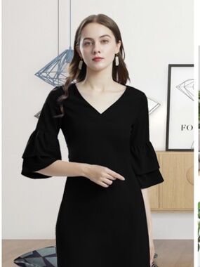 Black V-Neck Long Bell Sleeve Ruffle Shift Dress